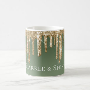 Sage Green Gold Sparkle Glitter Drips Coffee Mug