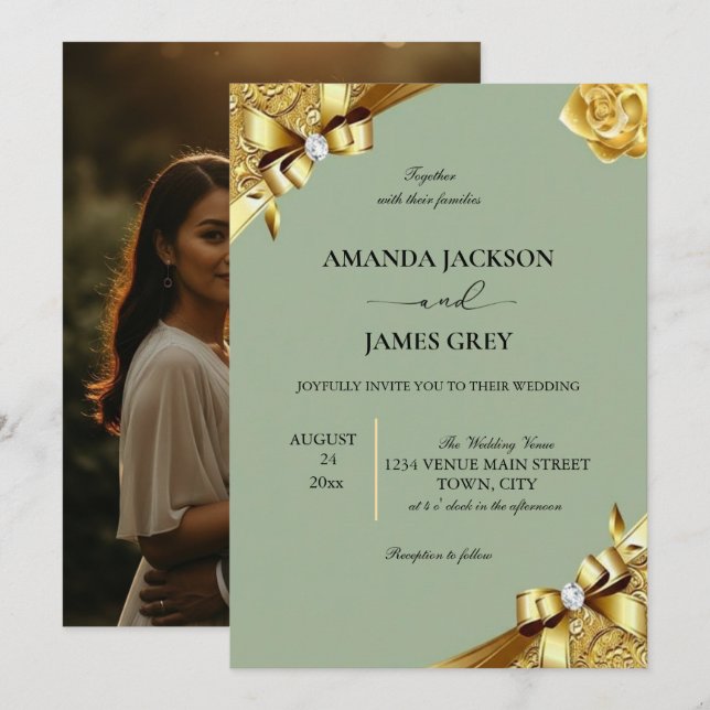 Sage Green Gold String Lights Photo Wedding Invita Invitation (Front/Back)