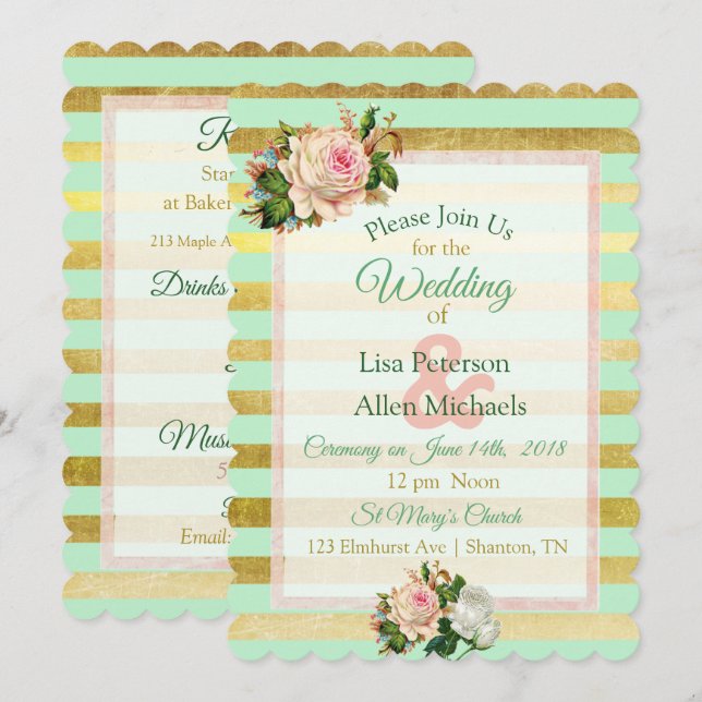 Sage Green Gold Striped Floral Wedding Invitation (Front/Back)