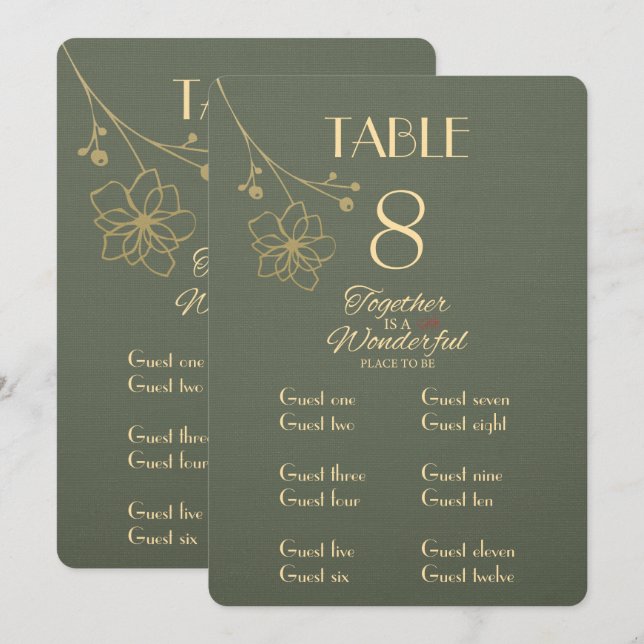 Sage Green Gold Table Number and Place Card  (Front/Back)