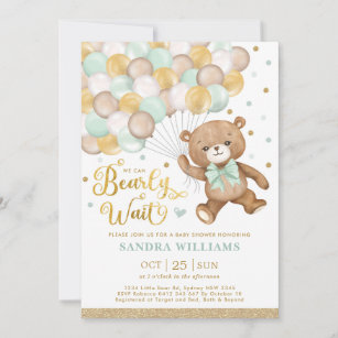Sage Green Gold Teddy Bear Neutral Baby Shower Invitation