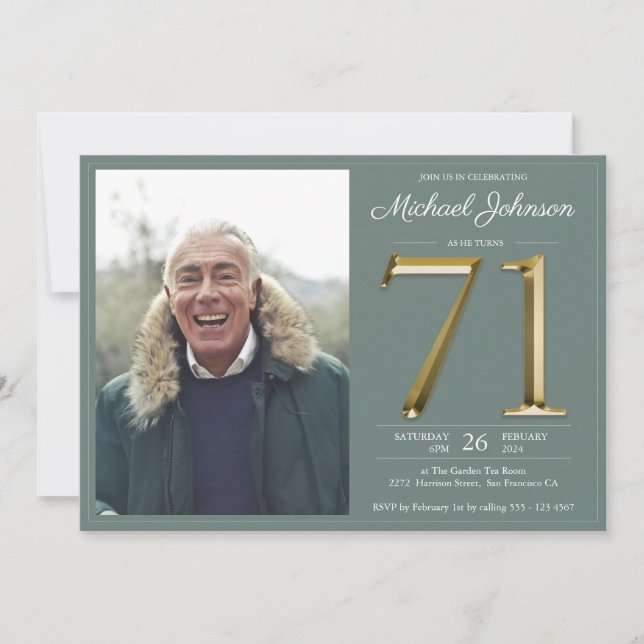 Sage Green Gold Text Classy Photo 71st Birthday Invitation (Front)