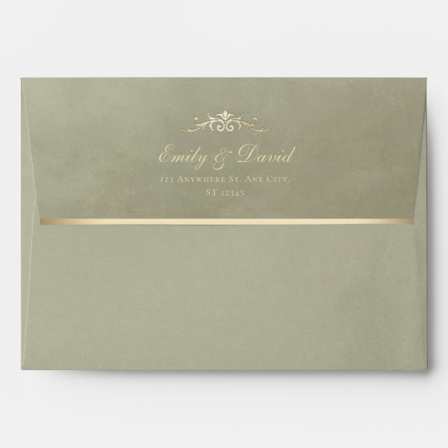 Sage Green & Gold Velvet Texture Wedding Envelope (Back (Top Flap))