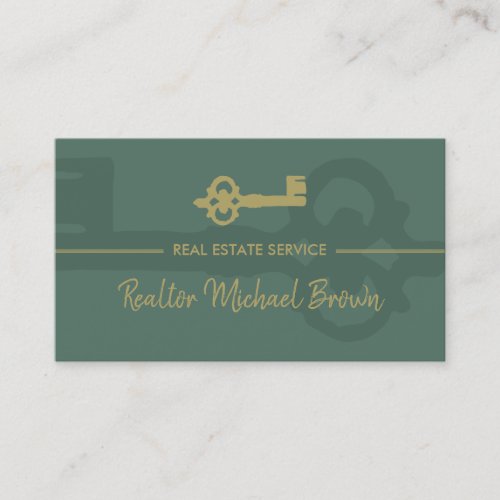 Sage Green Gold Vintage Key Real Estate Business Card