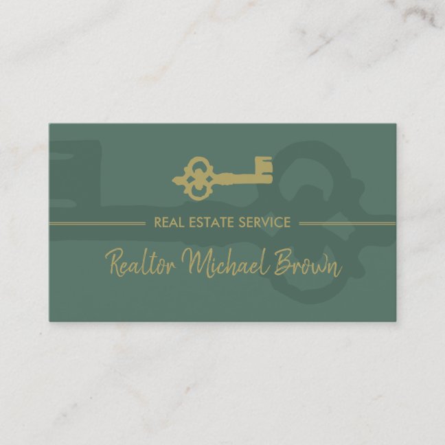 Sage Green Gold Vintage Key Real Estate Business Card