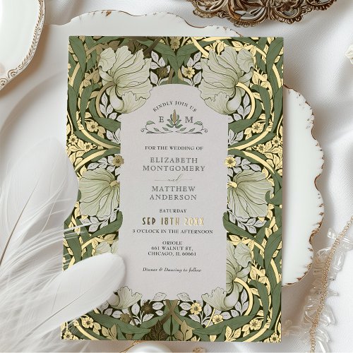 Sage Green Gold Vintage Pimpernel William Morris F Foil Invitation