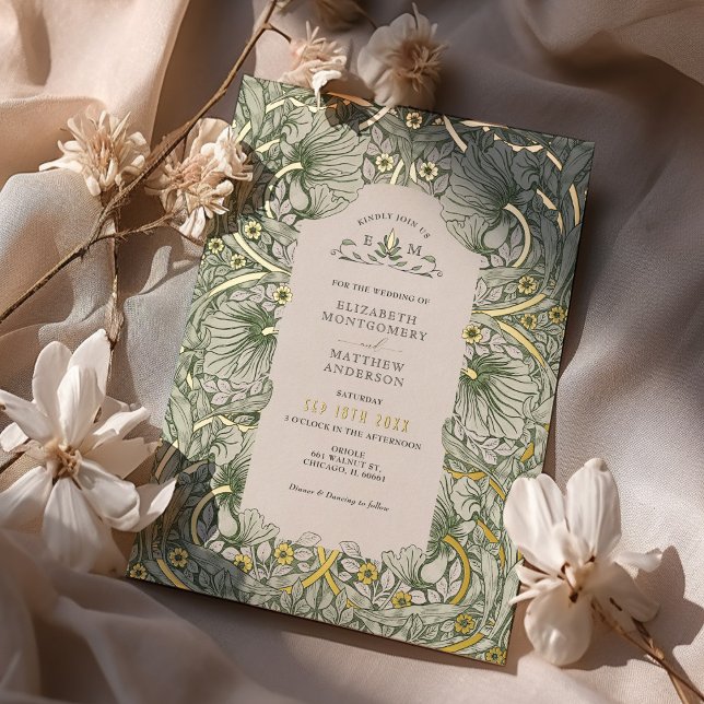Sage Green Gold Vintage Pimpernel William Morris Foil Invitation (Creator Uploaded)