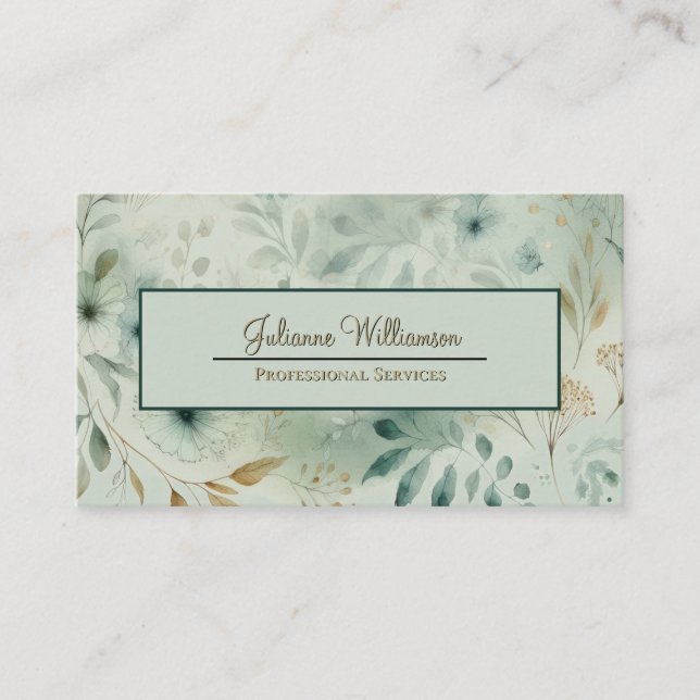 Sage Green & Gold Watercolor Botanical QR Code Business Card (Front)