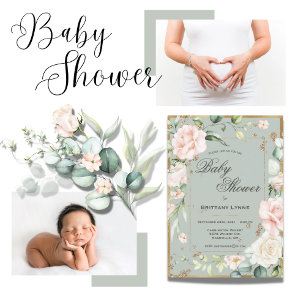 Sage Green Gold Watercolor Floral Baby Shower Invitation