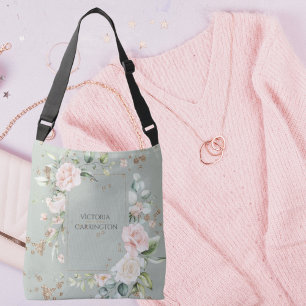 Sage Green Gold Watercolor Floral Personalized Crossbody Bag