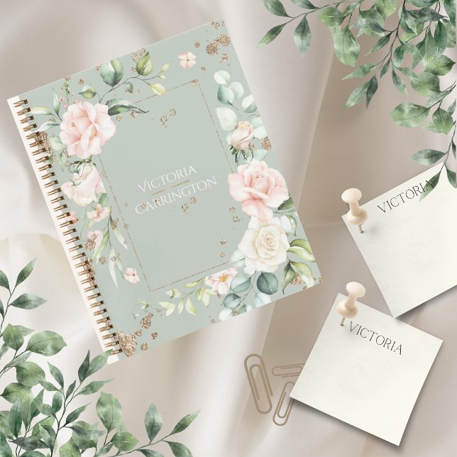 Sage Green Gold Watercolor Floral Personalized Notebook (Creator Uploaded)