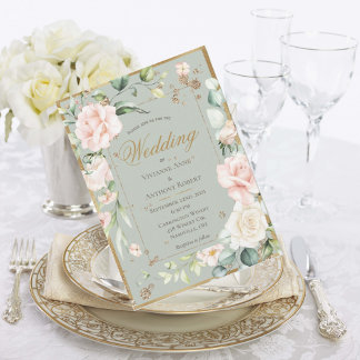 Sage Green Gold Watercolor Romantic Floral Wedding Invitation