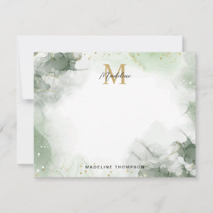 Sage Green Gold Watercolor Splash Script Monogram Note Card