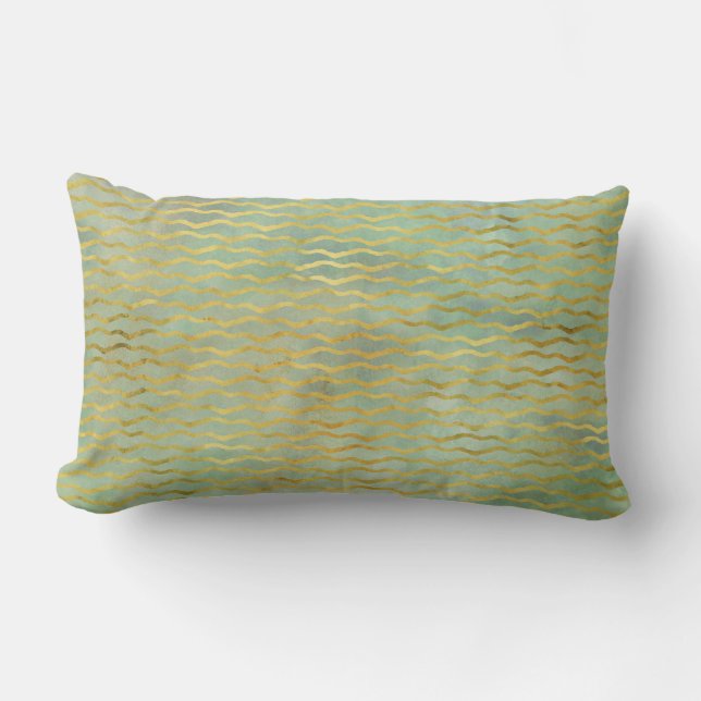 Sage Green & Gold Watercolor Wave Stripes Lumbar Pillow (Front)