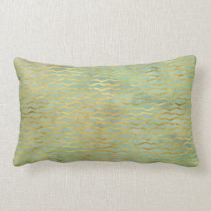 Sage Green & Gold Watercolor Wave Stripes Lumbar Pillow