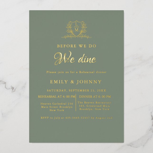 Sage Green & gold Wedding Rehearsal dinner Foil Invitation (Front)