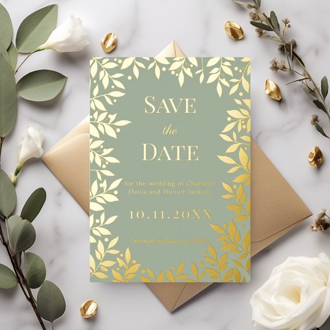 Sage green gold wedding Save the Date foil card (Creator Uploaded)