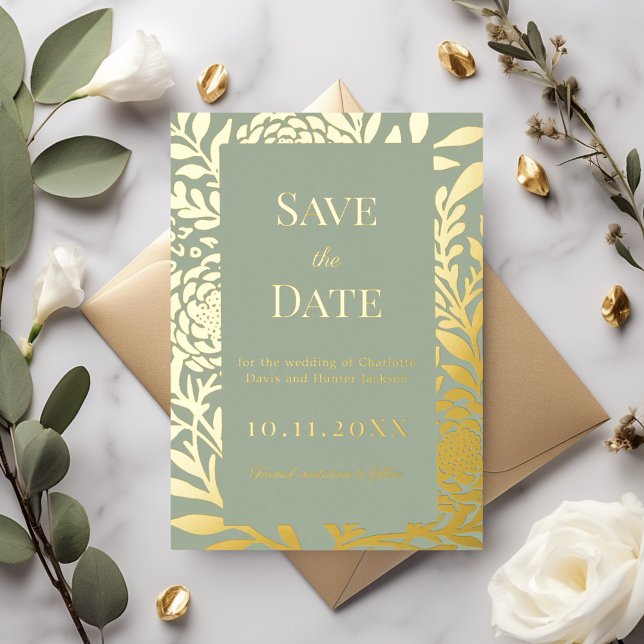Sage green gold wedding Save the Date foil card (Creator Uploaded)