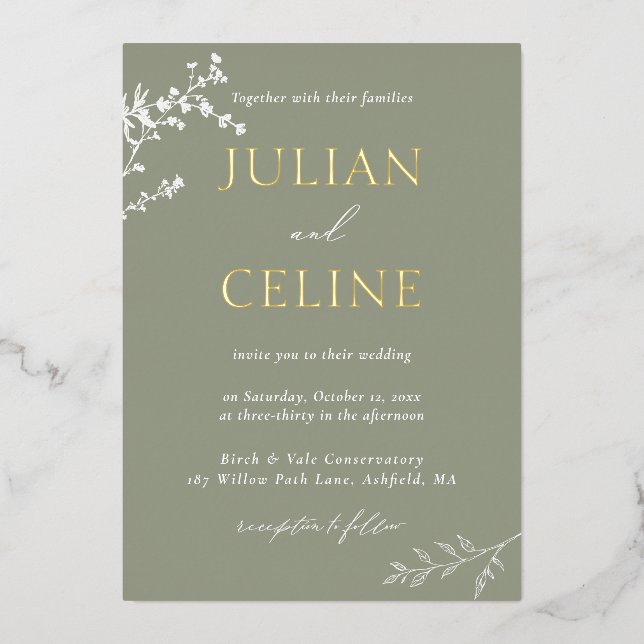 Sage Green Gold Whimsical White Greenery Wedding Foil Invitation (Front)