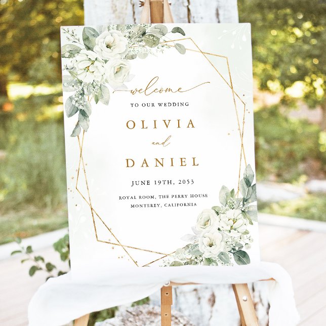 Sage Green Gold White Floral Wedding Welcome Sign (Sage Green Gold White Floral Wedding Welcome Sign, Eucalyptus Outdoor Garden Geometric Wedding Sign)