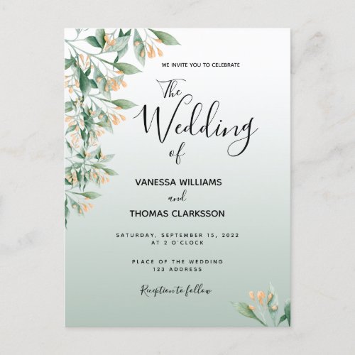 Sage green golden botanical wedding invitation postcard