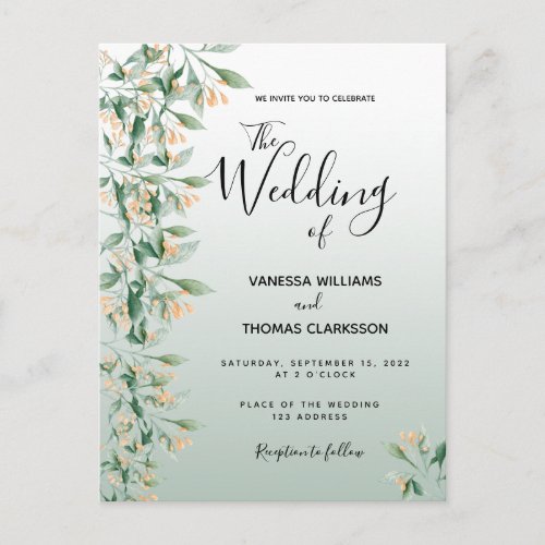 Sage green golden botanical wedding invitation postcard