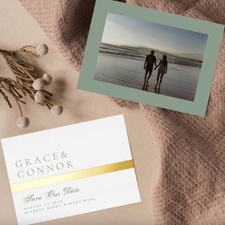 Sage Green Golden Stripe Photo Save The Date Foil Invitation