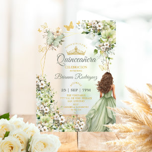Sage Green Golden Tiara Butterfly Quinceañera Acrylic Invitations