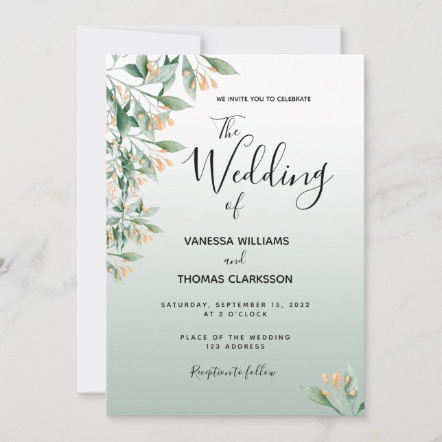 Sage green golden watercolored botanical wedding invitation (Front)