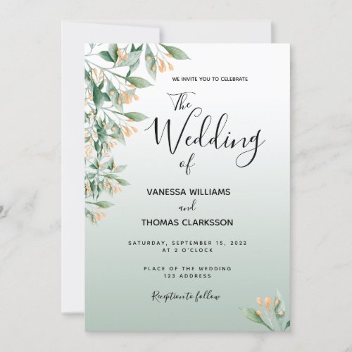 Sage green golden watercolored botanical wedding invitation