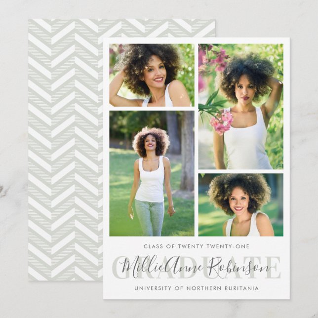 Sage Green | Graduate Script 4 Photos Graduation Invitation (Front/Back)