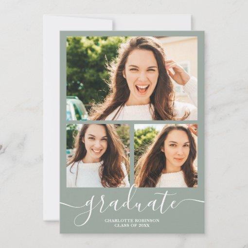 Sage green graduate script 4 photos graduation invitation | Zazzle