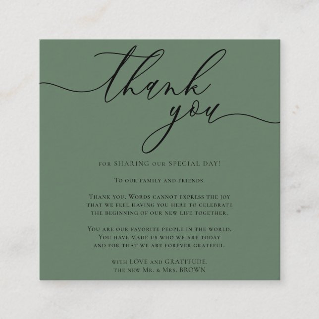 Sage Green Gratitude Stylish Script Thank you Enclosure Card (Front)