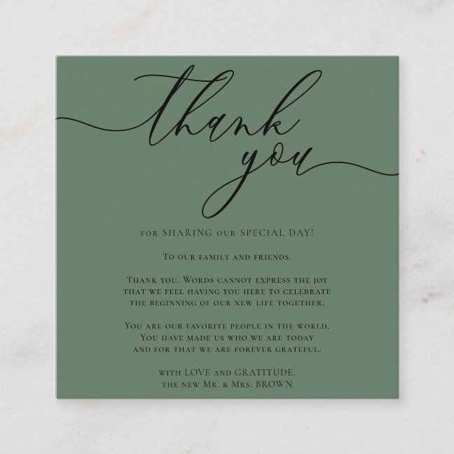Sage Green Gratitude Stylish Script Thank you Enclosure Card