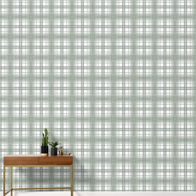 Sage Green, Gray and White Plaid Wallpaper (Hallway)