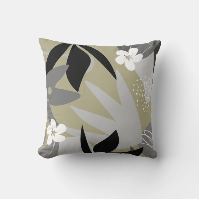 Sage Green & Gray Artistic Abstract Floral Pattern Throw Pillow (Front)