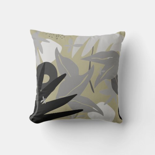 Sage Green   Gray Artistic Abstract Leaves Throw Pillow