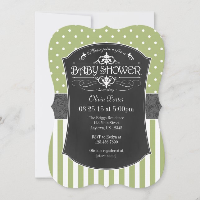Sage Green Gray Chalkboard Stripes Baby Shower Invitation (Front)