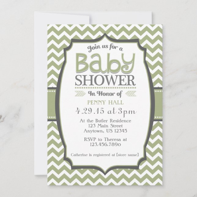 Sage Green Gray Chevron Baby Shower Invitation (Front)