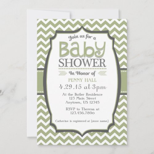 Sage Green Gray Chevron Baby Shower Invitation