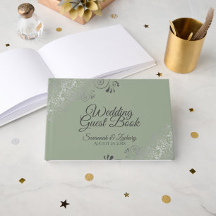 Sage Green & Gray Frilly Filigree Elegant Wedding Guest Book