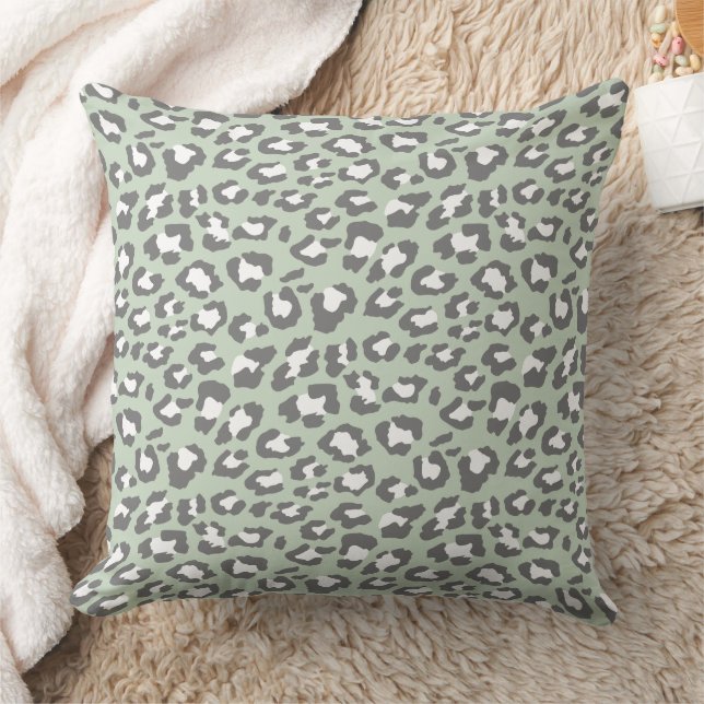 Sage Green Gray Leopard Spots Animal Print Throw Pillow (Blanket)
