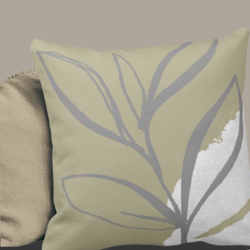 Sage Green  Gray Minimalist Watercolor Leaves Throw Pillow