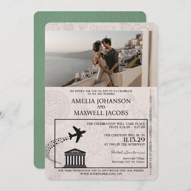 Sage Green Greece Passport Wedding Invitation (Front/Back)