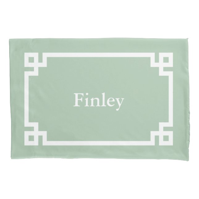 Sage Green Greek Key Monogram Standard Pillow Case (Front)
