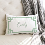 Sage Green Greek Key Monogrammed Lumbar Pillow<br><div class="desc">Preppy modern throw pillow with a geometric Greek key border. Personalize it with your name or monogram initials in a cute script font. Adorable and unique gifts!</div>