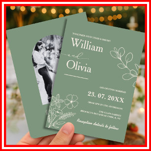 Sage Green Greenery Boho Floral Photo Wedding Invitation