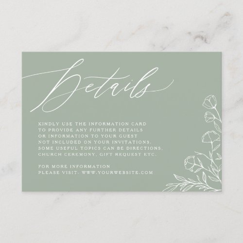 Sage Green Greenery Boho Floral Wedding Details Enclosure Card
