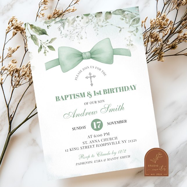 Sage Green Greenery Boy Baptism and First Birthday Invitation (Creator Uploaded)