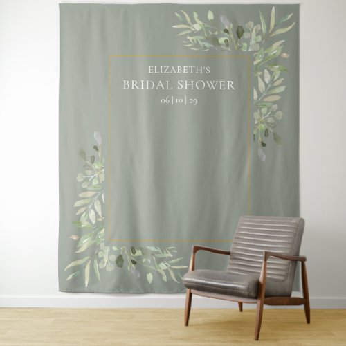 Sage Green Greenery Bridal Shower Photo Backdrop - Featuring delicate watercolor greenery leaves on a sage green background, this chic bridal shower photo booth backdrop can be personalized with the bride's name and special date. Designed by Thisisnotme©